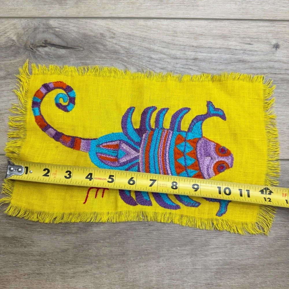 Vintage Embroidered Zodiac Scorpio Scorpion Linen Textile Yellow Boho Folk Art